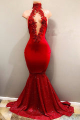 Buy Red Prom Party Gowns with Bellbella prom dress designer? We offers high quality discount Trendy Mermaid Red Lace High Neck Prom Party Gowns| Red Prom Party Gowns that could be custom madein all sizes and colors. 