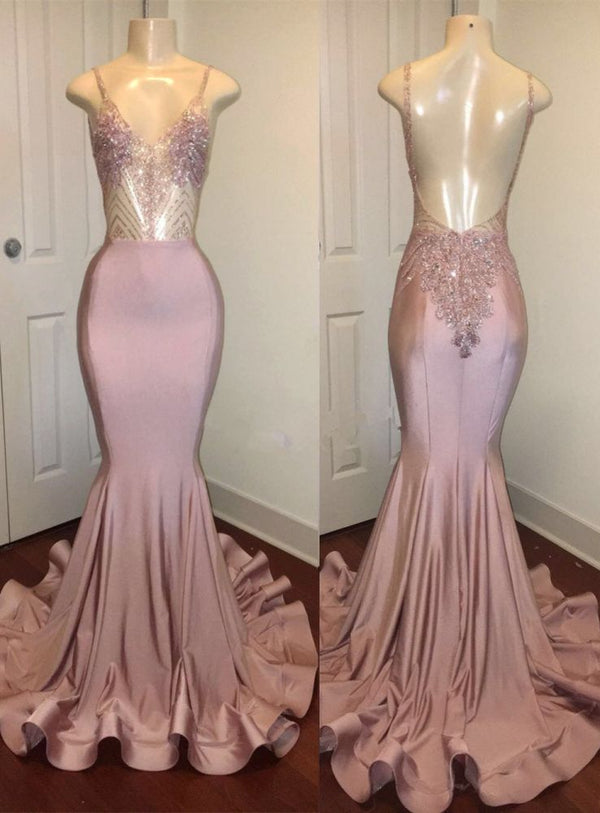 Trendy Pink Beads Spaghetti Strap Prom Party Gowns| Mermaid Prom Party Gowns. Free shipping,  high quality,  fast delivery,  made to order dress. Discount price. Affordable price. Shop stylesnuggle Official.