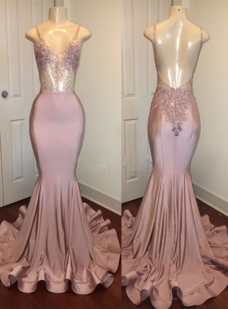 Trendy Pink Beads Spaghetti Strap Prom Party Gowns| Mermaid Prom Party Gowns. Free shipping,  high quality,  fast delivery,  made to order dress. Discount price. Affordable price. Shop stylesnuggle Official.