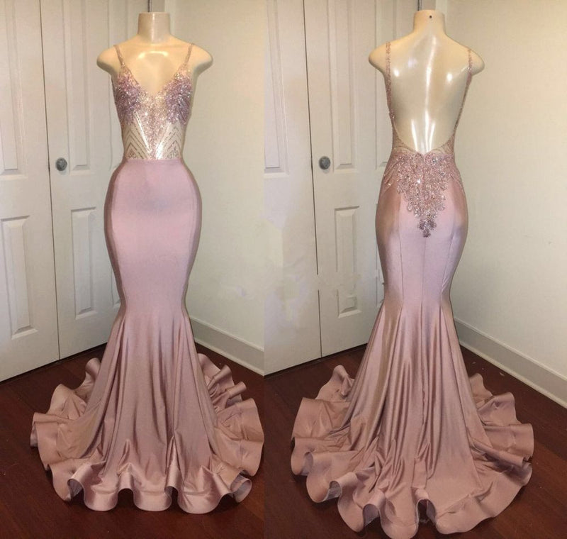 Trendy Pink Beads Spaghetti Strap Prom Party Gowns| Mermaid Prom Party Gowns. Free shipping,  high quality,  fast delivery,  made to order dress. Discount price. Affordable price. Shop stylesnuggle Official.