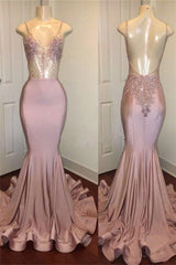 Trendy Pink Beads Spaghetti Strap Prom Party Gowns| Mermaid Prom Party Gowns-stylesnuggle