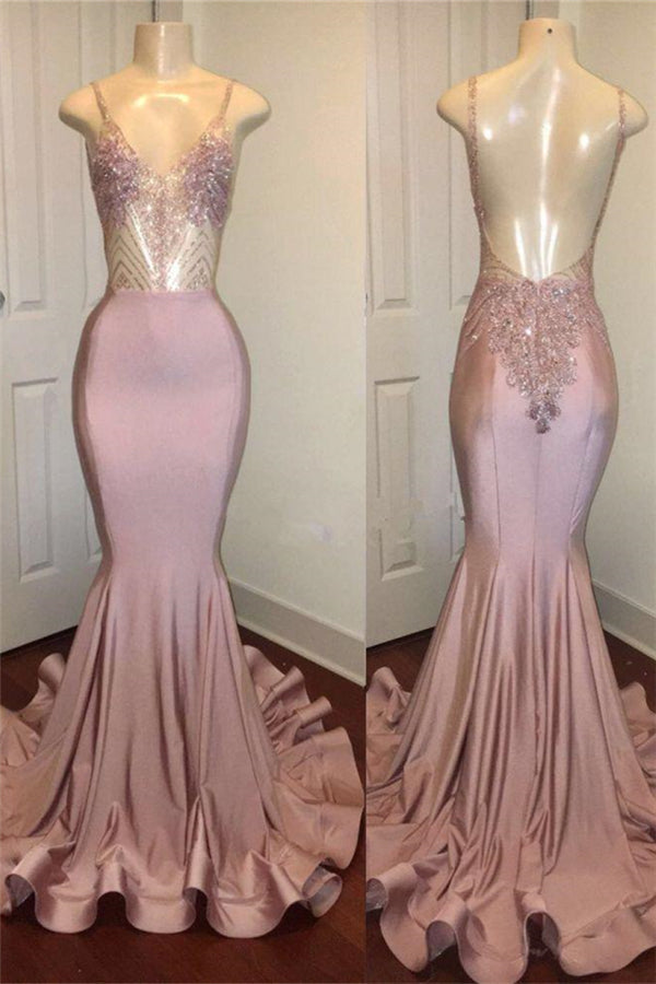 Trendy Pink Beads Spaghetti Strap Prom Party Gowns| Mermaid Prom Party Gowns-stylesnuggle