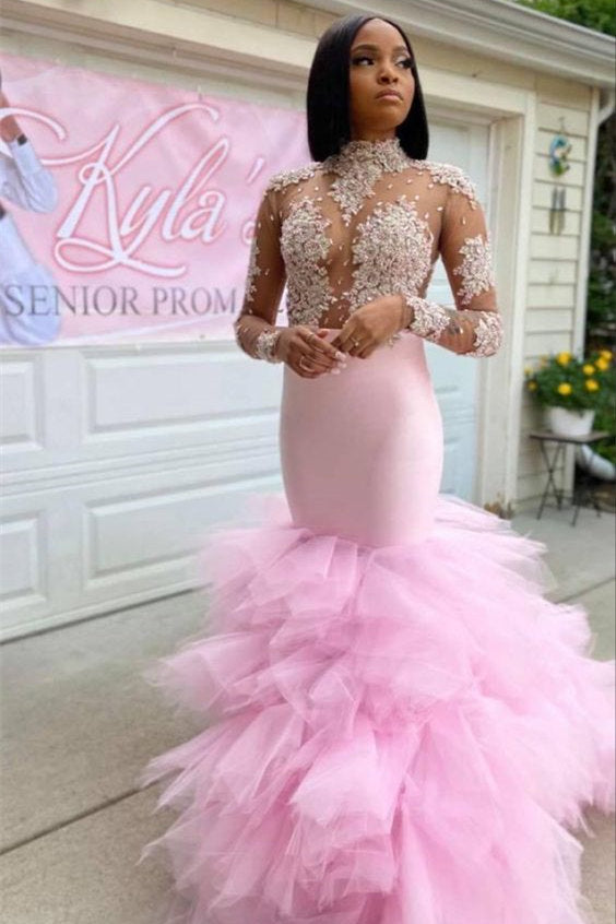 Trendy Pink Illusion neck Long Sleeves Mermaid Ruffles Prom Dresses-stylesnuggle