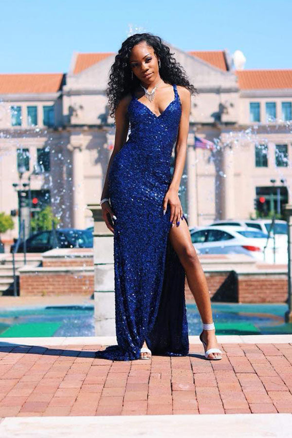 stylesnuggle offers Trendy Royal Blue Spaghetti Strap V-neck Sequined Prom Party Gowns with Chic high Slit On Sale at an affordable price from Sequined to Column Floor-length skirts. Shop for gorgeous Sleeveless Prom Dresses collections for special events.