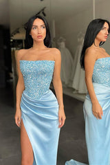 Trendy Sky blue Strapless Sequin Top High split Prom Dress-stylesnuggle