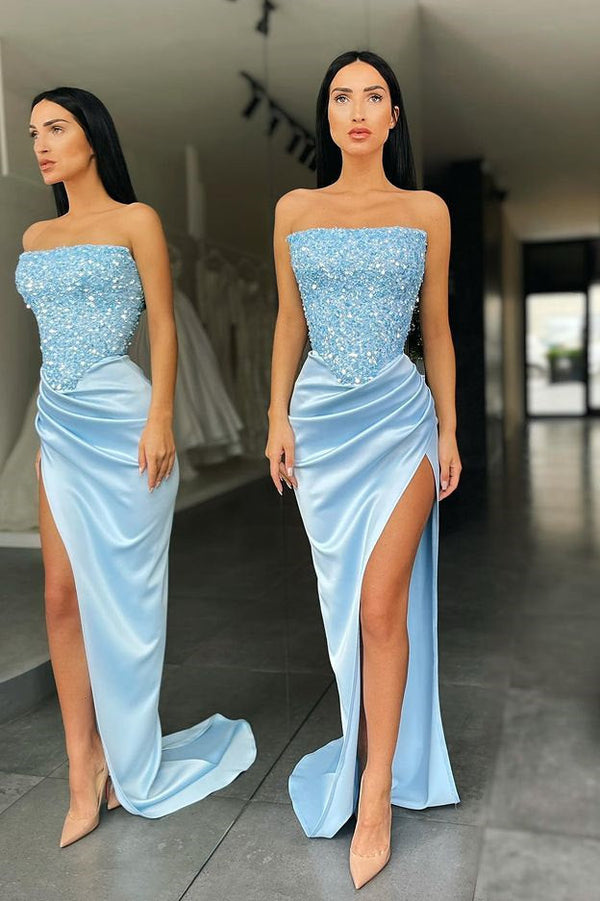 Trendy Sky blue Strapless Sequin Top High split Prom Dress-stylesnuggle