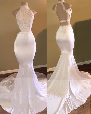 stylesnuggle offers Trendy White Mermaid High-Neck Sleeveless Prom Party Gowns at a cheap price from Stretch Satin, Lace to Mermaid hem. Gorgeous yet affordable Sleeveless Prom Dresses, Real Model Series.