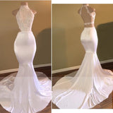 stylesnuggle offers Trendy White Mermaid High-Neck Sleeveless Prom Party Gowns at a cheap price from Stretch Satin, Lace to Mermaid hem. Gorgeous yet affordable Sleeveless Prom Dresses, Real Model Series.