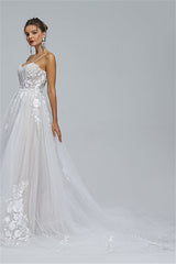 Tulle A-line Sheer Straps Sweetheart Applique Floor-length Sleeveless Wedding Dress Cover-stylesnuggle