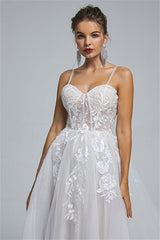 Tulle A-line Sheer Straps Sweetheart Applique Floor-length Sleeveless Wedding Dress Cover-stylesnuggle