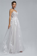 Tulle A-line Sheer Straps Sweetheart Applique Floor-length Sleeveless Wedding Dress Cover-stylesnuggle