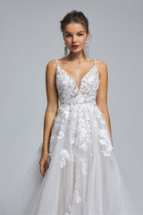 Tulle A-line Sheer Straps V-neck Applique Floor-length Sleeveless Wedding Dress Cover-stylesnuggle