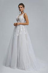 Tulle A-line Sheer Straps V-neck Applique Floor-length Sleeveless Wedding Dress Cover-stylesnuggle