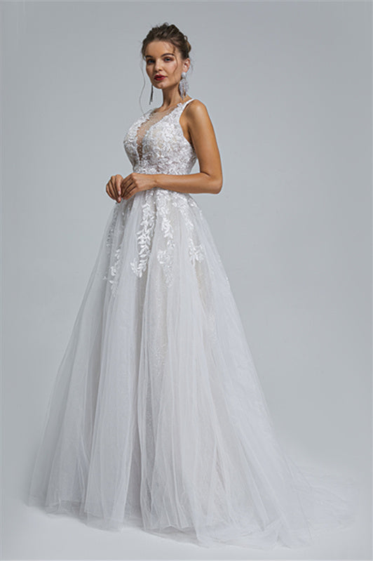 Tulle A-line Sheer Straps V-neck Applique Floor-length Sleeveless Wedding Dress Cover-stylesnuggle