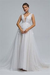 Tulle A-line Sheer Straps V-neck Applique Floor-length Sleeveless Wedding Dress Cover-stylesnuggle