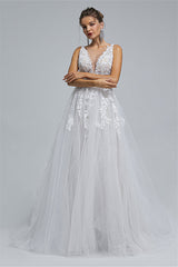 Tulle A-line Sheer Straps V-neck Applique Floor-length Sleeveless Wedding Dress Cover-stylesnuggle