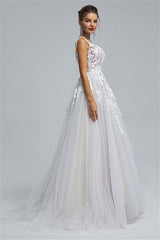 Tulle A-line Sheer Straps V-neck Applique Floor-length Sleeveless Wedding Dress Cover-stylesnuggle