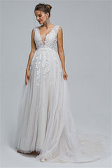 Tulle A-line Sheer Straps V-neck Applique Floor-length Sleeveless Wedding Dress Cover-stylesnuggle