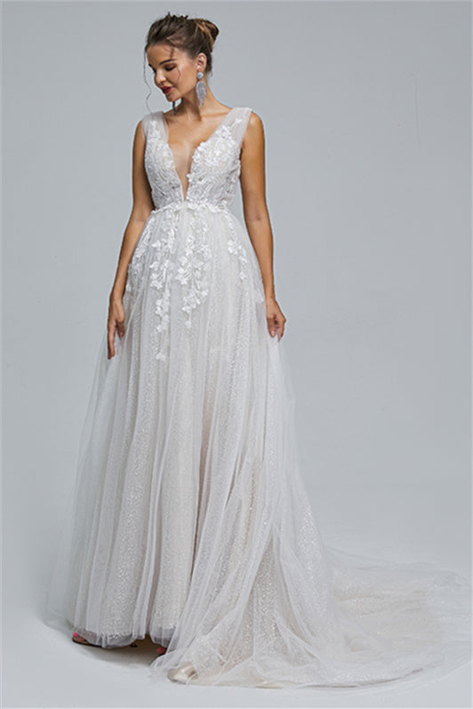 Tulle A-line Sheer Straps V-neck Applique Floor-length Sleeveless Wedding Dress Cover-stylesnuggle