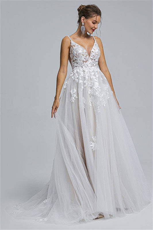 Tulle A-line Sheer Straps V-neck Applique Floor-length Sleeveless Wedding Dress Cover-stylesnuggle