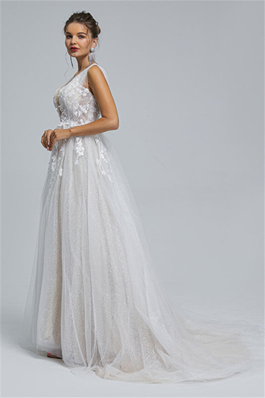 Tulle A-line Sheer Straps V-neck Applique Floor-length Sleeveless Wedding Dress Cover-stylesnuggle