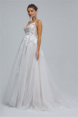 Tulle A-line Sheer Straps V-neck Applique Floor-length Sleeveless Wedding Dress Cover-stylesnuggle