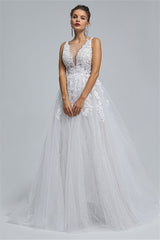 Tulle A-line Sheer Straps V-neck Applique Floor-length Sleeveless Wedding Dress Cover-stylesnuggle