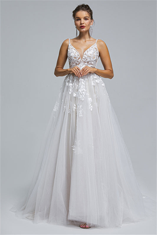 Tulle A-line Sheer Straps V-neck Applique Floor-length Sleeveless Wedding Dress Cover-stylesnuggle