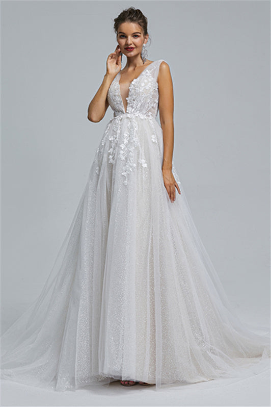 Tulle A-line Sheer Straps V-neck Applique Floor-length Sleeveless Wedding Dress Cover-stylesnuggle