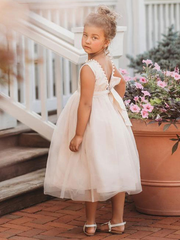 Tulle flower girl dresses Champagne Jewel Neck Sleeveless Knee Length Princess Silhouette Party Dress Kids Sash Pageant Dresses