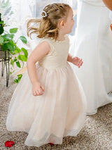 Tulle flower girl dresses Champagne Jewel Neck Sleeveless Knee Length Princess Silhouette Party Dress Kids Sash Pageant Dresses