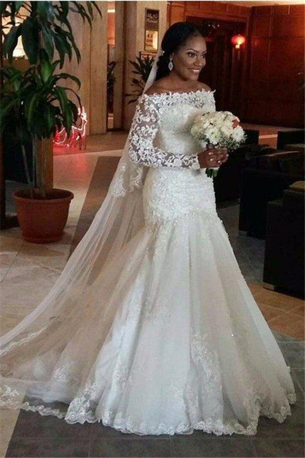 Tulle Floor Length Mermaid Off the Shoulder Long Sleevess Lace Wedding Dresses-stylesnuggle