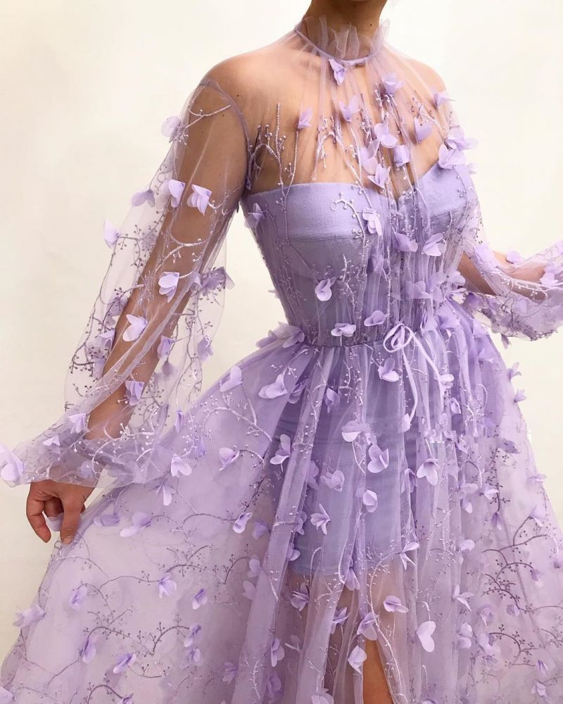 Looking for Tulle High Neck Front Slit Prom Party Gowns? stylesnuggle custom made you multiple affordable Chic Appliques Flowers Long Sleevess Prom Party Gowns with 30 colors.