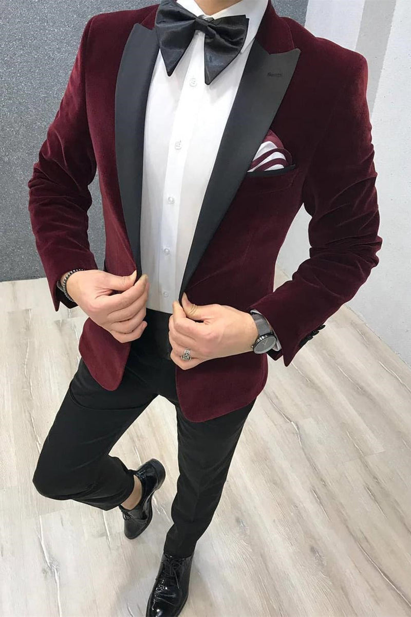 This Two-piece Burgundy Velvet Wedding Suits, Black Satin Peak Lapel Wedding Tuxedos at stylesnuggle comes in all sizes for prom, wedding and business. Shop an amazing selection of Peaked Lapel Single Breasted Burgundy mens suits in cheap price.