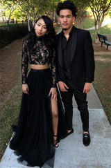 stylesnuggle custom made this cheap high quality Two Piece Long Sleeves Evening Gown Black Chic Slit Lace Prom Party Gowns,  we sell dresses On Sale all over the world. Also,  extra discount are offered to our customers. We will try our best to satisfy everyone and make the dress fit you well.