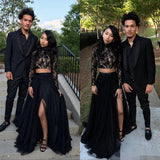 stylesnuggle custom made this cheap high quality Two Piece Long Sleeves Evening Gown Black Chic Slit Lace Prom Party Gowns,  we sell dresses On Sale all over the world. Also,  extra discount are offered to our customers. We will try our best to satisfy everyone and make the dress fit you well.