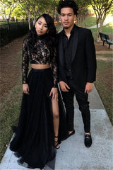 Two Piece Long Sleeves Evening Gown Black Chic Slit Lace Prom Party Gowns-stylesnuggle