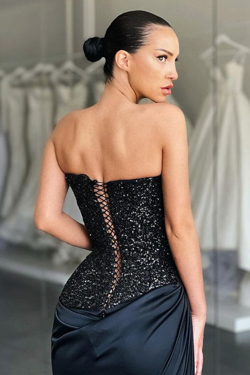 Unique Black special Strapless High-split Lace-up Sequined Prom Dress-stylesnuggle