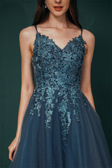 Unique Dusty Blue Tulle A-line Low back Spaghetti-strap Prom Dress-stylesnuggle