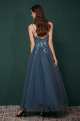 Unique Dusty Blue Tulle A-line Low back Spaghetti-strap Prom Dress-stylesnuggle