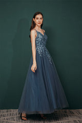 Unique Dusty Blue Tulle A-line Low back Spaghetti-strap Prom Dress-stylesnuggle