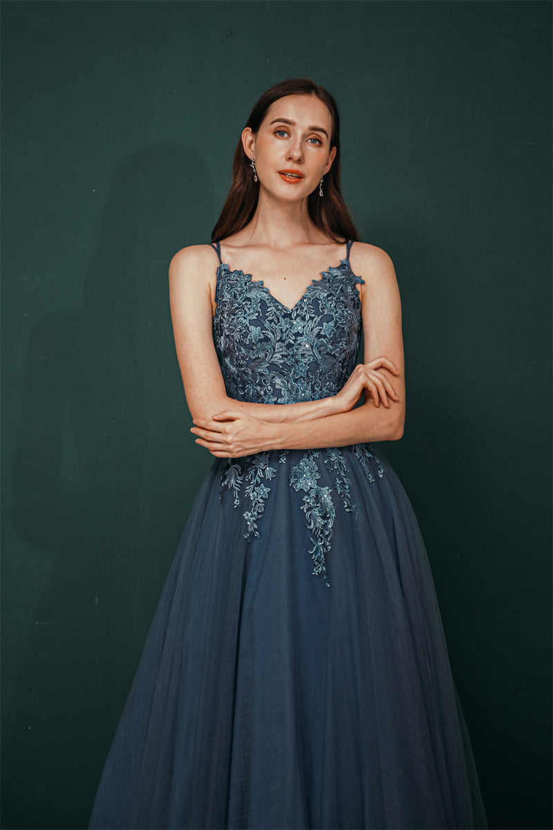 Unique Dusty Blue Tulle A-line Low back Spaghetti-strap Prom Dress-stylesnuggle