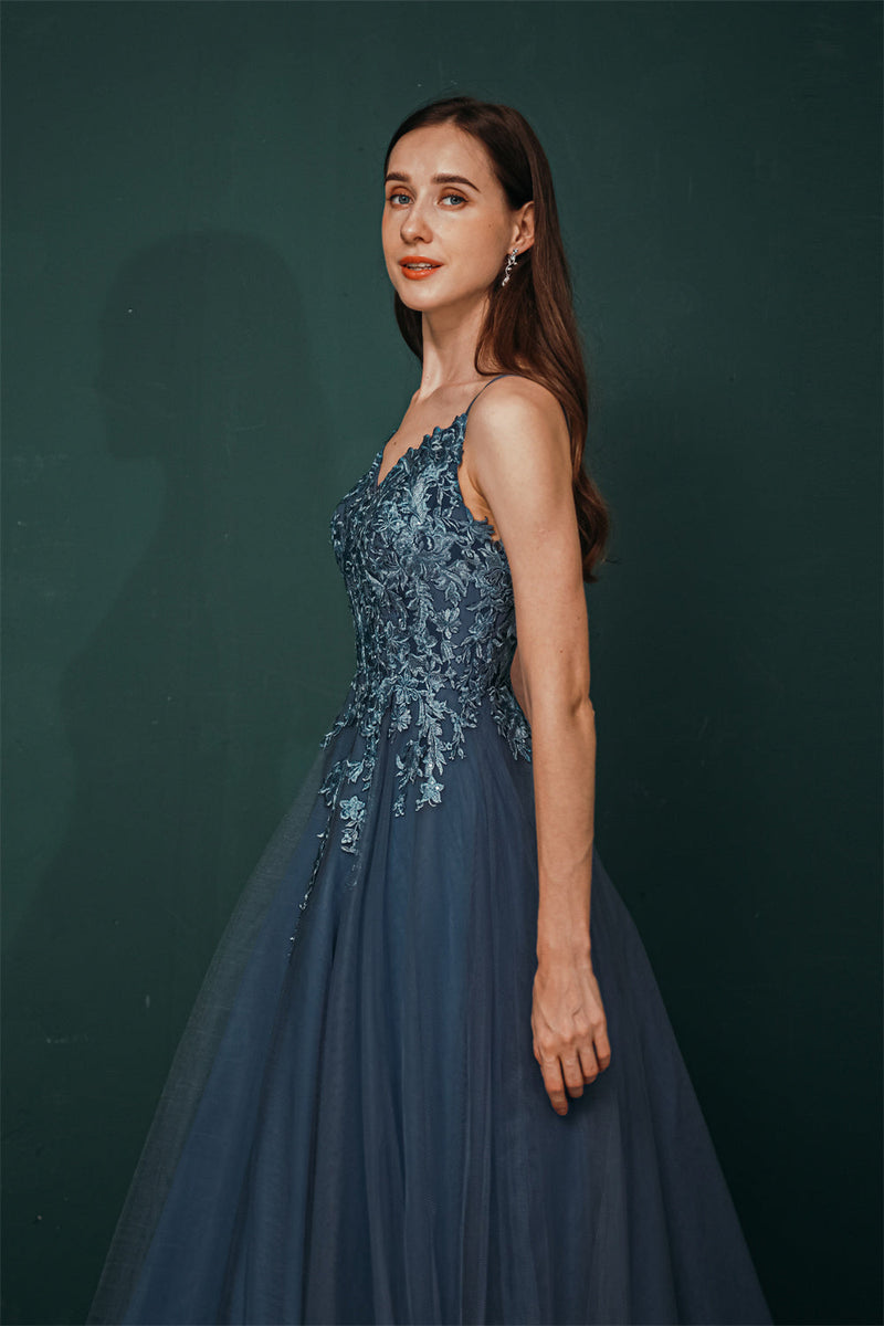 Unique Dusty Blue Tulle A-line Low back Spaghetti-strap Prom Dress-stylesnuggle