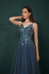 Unique Dusty Blue Tulle A-line Low back Spaghetti-strap Prom Dress-stylesnuggle