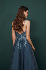 Unique Dusty Blue Tulle A-line Low back Spaghetti-strap Prom Dress-stylesnuggle