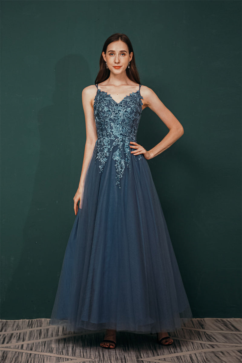 Unique Dusty Blue Tulle A-line Low back Spaghetti-strap Prom Dress-stylesnuggle