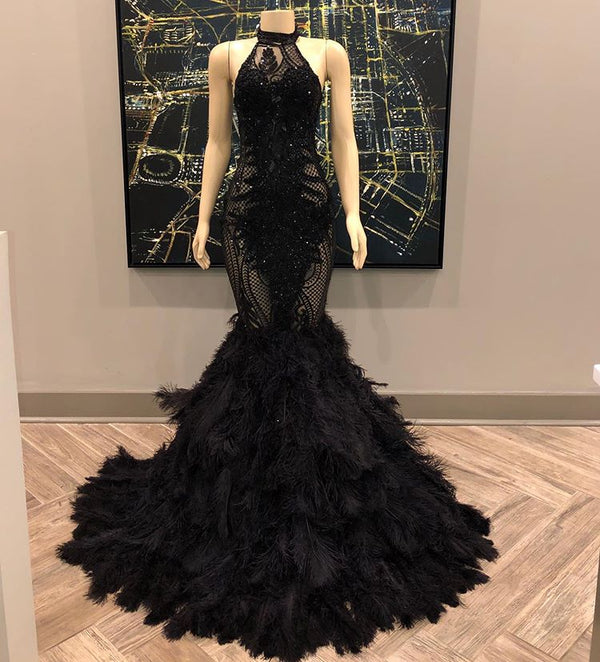 stylesnuggle offers Unique Lace Appliques Halter Feather Prom Dresses Sleeveless Alluring Fit and Flare Evening Gowns On Sale at an affordable price from to Mermaid skirts. Shop for gorgeous Sleeveless prom dresses collections for your big day.