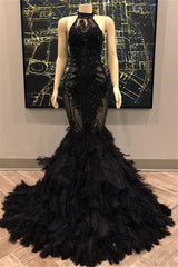 stylesnuggle offers Unique Lace Appliques Halter Feather Prom Dresses Sleeveless Alluring Fit and Flare Evening Gowns On Sale at an affordable price from to Mermaid skirts. Shop for gorgeous Sleeveless prom dresses collections for your big day.