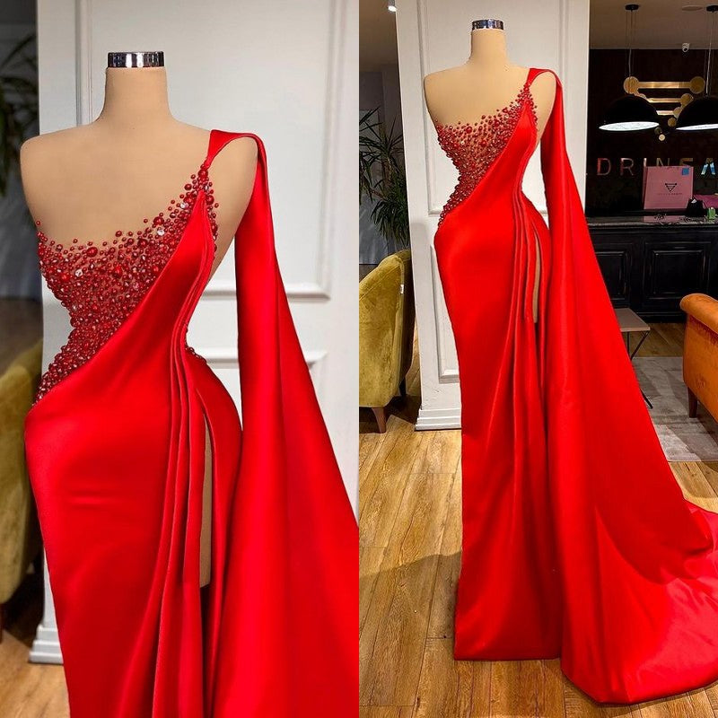 Unique Red Stones Sleeveless High split mermaid Evening Dress-stylesnuggle