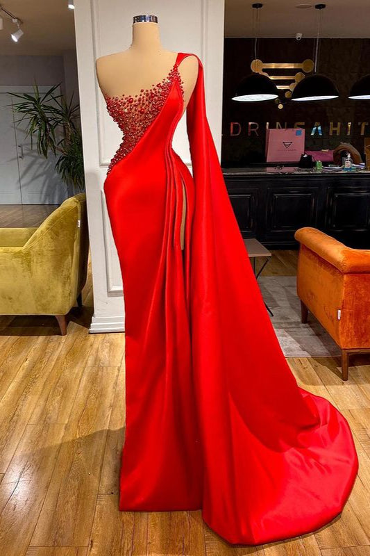 Unique Red Stones Sleeveless High split mermaid Evening Dress-stylesnuggle